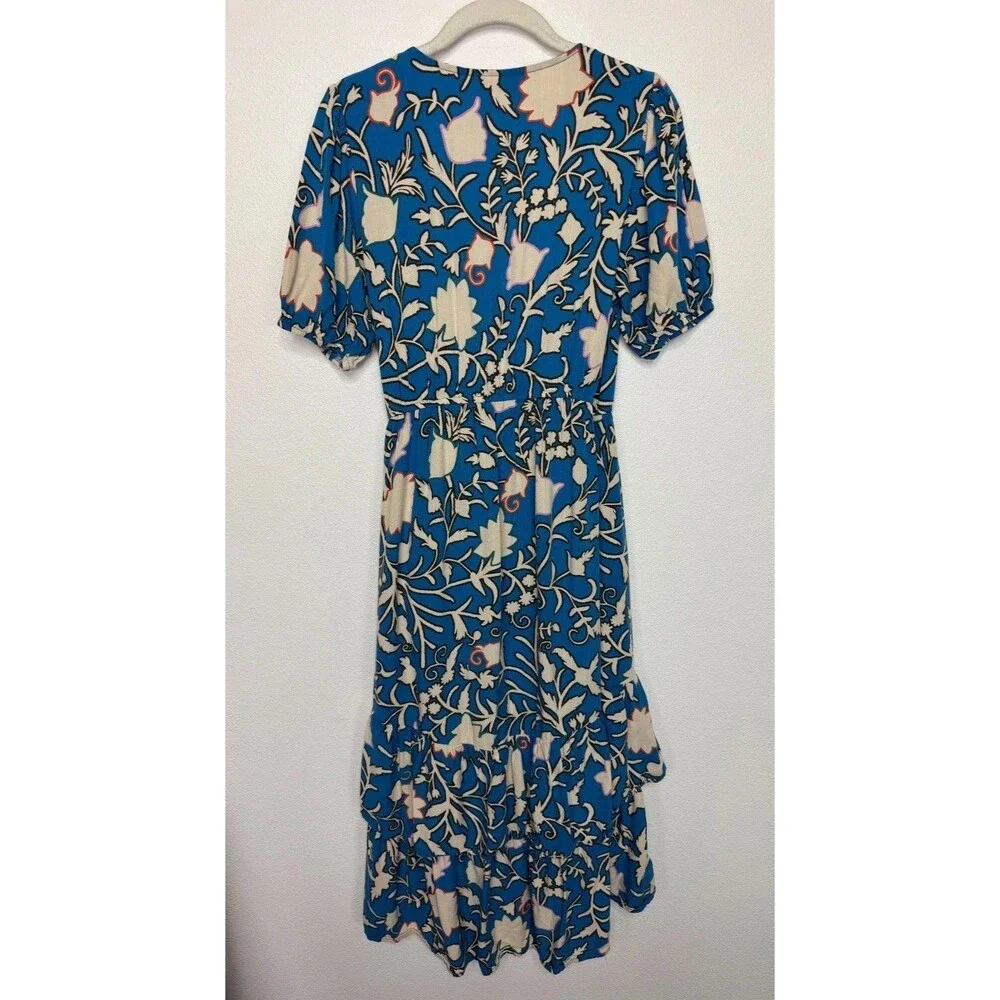 Knox Rose Small Wrap Midi Dress Blue White Ruffled Tiered Floral Short Sleeve